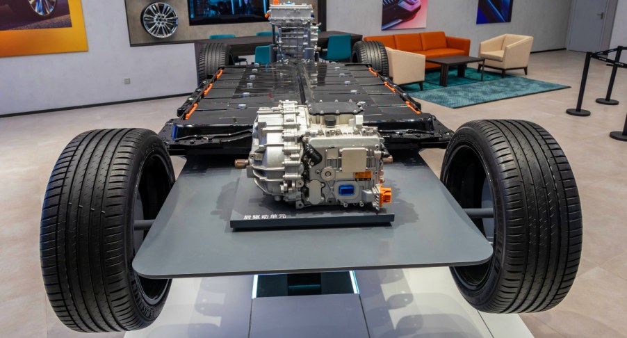 A model of a battery pack and electric motor is displayed at a Cadillac store in Shanghai, China, on July 19, 2021.