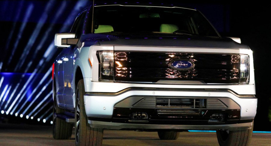 Ford Motor Company unveils their new electric F-150 Lightning outside of their headquarters in Dearborn, Michigan on May 19, 2021.