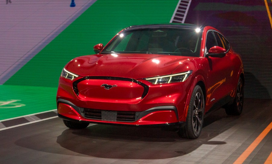 A red electric Ford Mustang Mach-E is shown at AutoMobility LA on November 21, 2019 in Los Angeles, California.