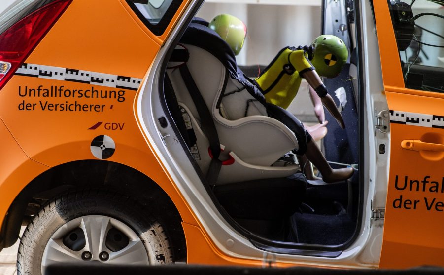 A child-sized crash dummy is tested for safety in Germany