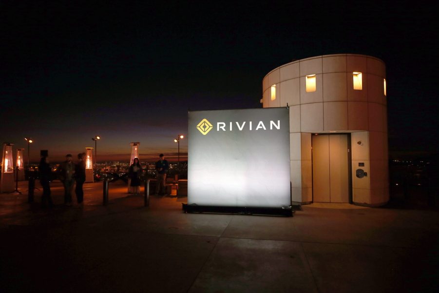 Rivian's logo at the RT1's unveiling at the Griffith Observatory