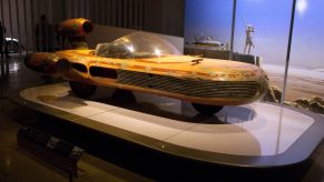 Luke Skywalker's Landspeeder from the first Star Wars film on display at the Petersen museum