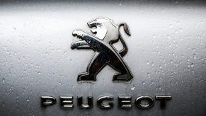 The Peugeot logo in the rain