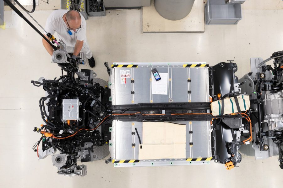 EV batteries are seen in a Volkswagen electric vehicle during assembly