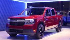 A red Ford Maverick at the Chicago Auto Show