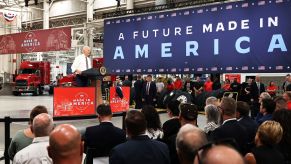 Joe Biden at the Mack Truck Lehigh Valley Operations factory in Macungie, Pennsylvania