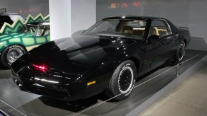 The car "K.I.T.T." from the 1980s television show "Knight Rider" seen on display in a museum.