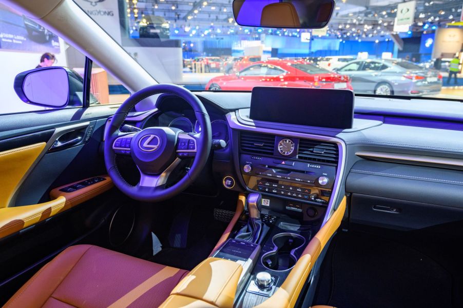 The luxury interior of a Lexus RX 450h SUV model