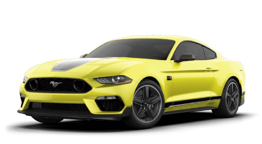 A yellow 2021 Ford Mustang Mach-e against a white background.