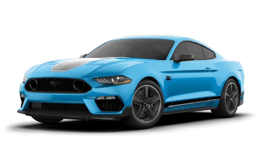 A blue 2021 Ford Mustang Mach-E against a white background.