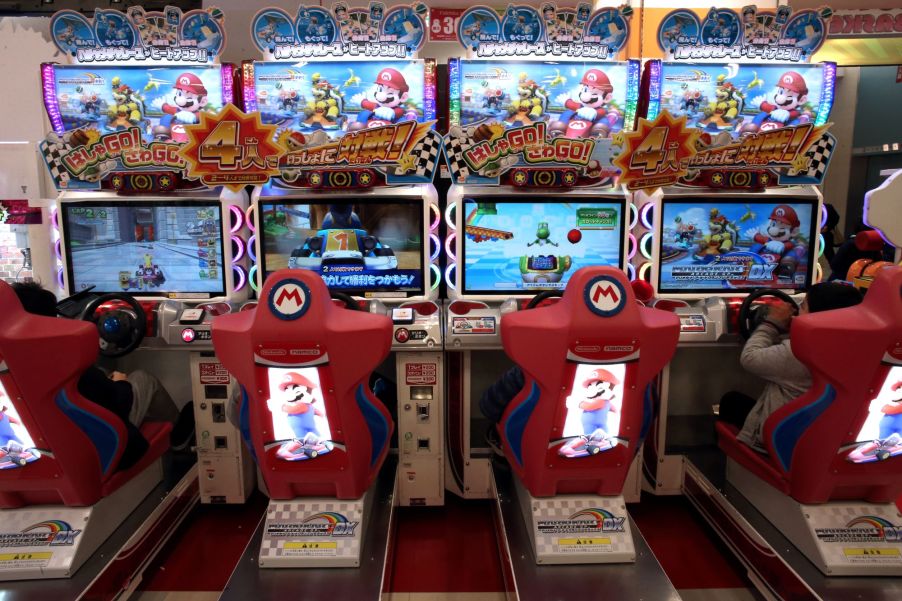 Mario Kart arcade stations at a game center in Tokyo, Japan