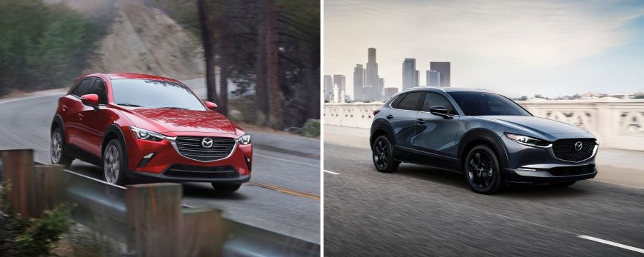 The Mazda CX-3 in red and the Mazda CX-30 in gray