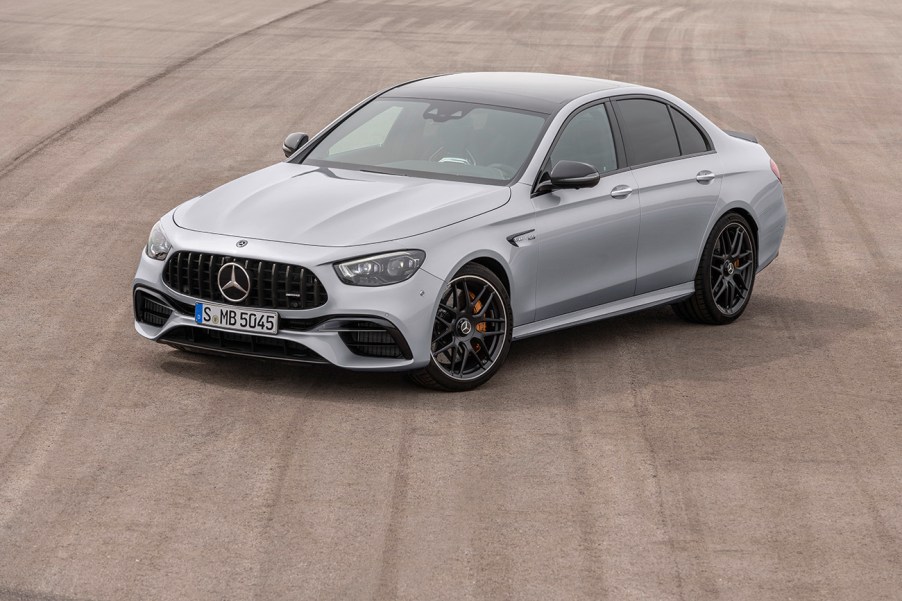 2021 Mercedes-AMG E 63 S sedan parked on an open air strip.