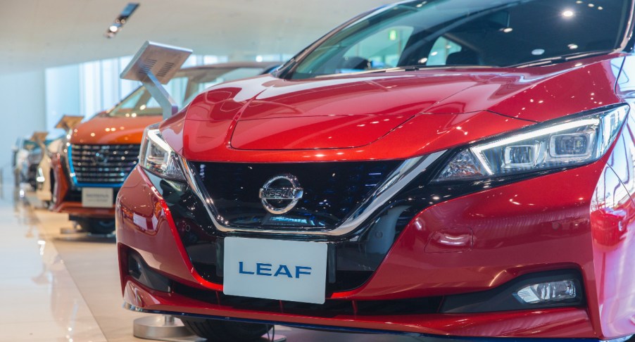 A red Nissan Leaf.