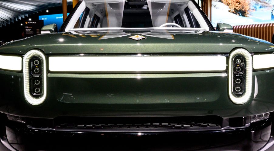 Front grille of a green Rivian R1S