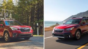 A Subaru Forester with a bike rack in a forest and and a Subaru Outback driving on a highway near the sea