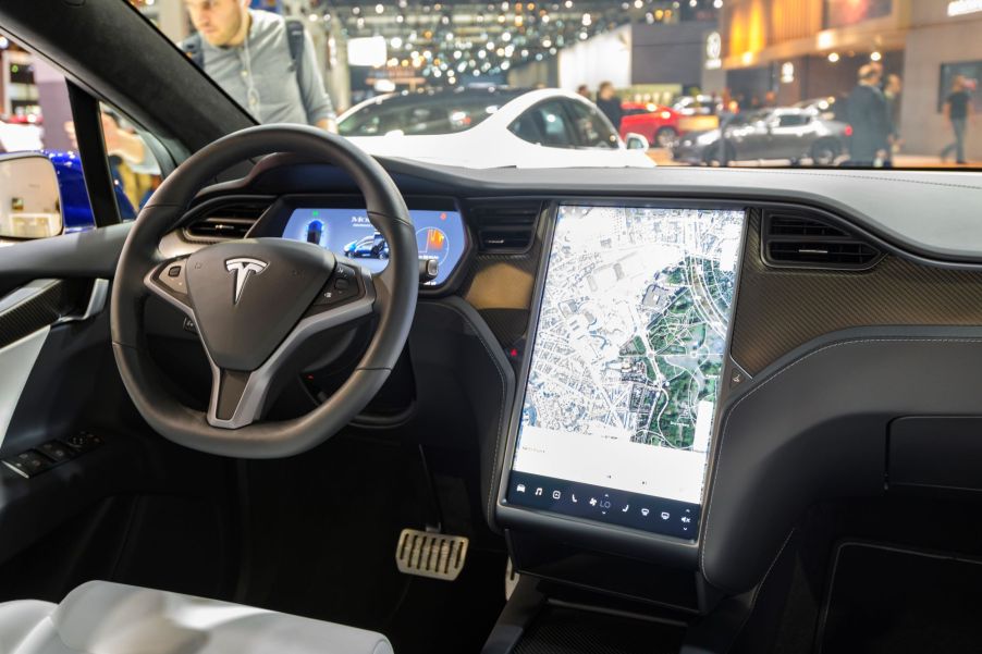 The Tesla Model X interior with running Autopilot at the Brussels Expo