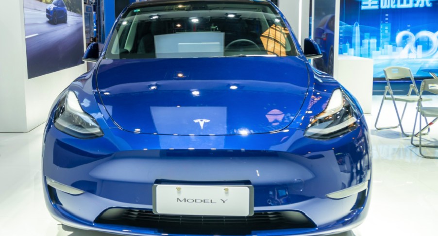 A Tesla Model Y car is displayed at the 8th China (Shanghai) International Technology Import and Export Fair in Shanghai, China, April 16, 2021.