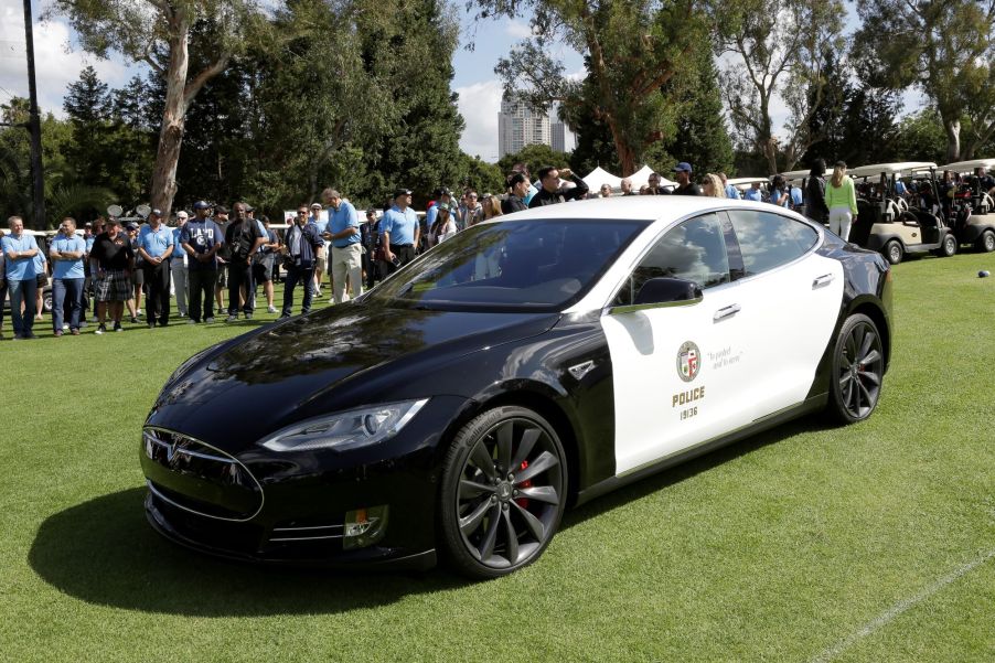 An LAPD Tesla Model S P85D model at the 44th annual Los Angeles Police Memorial Foundation Celebrity Golf Tournament