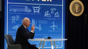 U.S. President Joe Biden participates in a virtual meeting on Infrastructure Investment and Jobs Act.