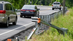 A broken guardrail on Route 10 at the intersection with Hope Way Lane in Cumru Township, Pennsylvania, in June 2021. Carfax reports can show if used vehicles have been in accidents such as this one.