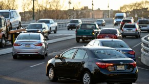 Cars on the Penn Street Bridge at rush hour in Reading, Pennsylvania, in December 2020. City driving can wreak havoc on a vehicle's brakes.