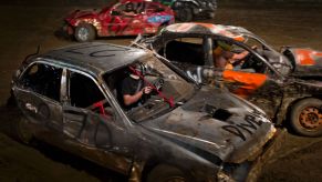 Drivers compete in a demolition derby at the Cambria County Fair on September 8, 2016, in Ebensburg, Pennsylvania