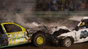 Two cars crash in a demolition derby at the Cambria County Fair in September 2016 in Ebensburg, Pennsylvania