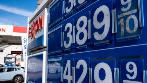 Gas prices displayed at an Exxon gas station on Capitol HIll in Washington on Monday, March 15, 2021