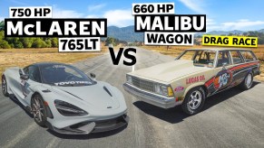 2021 McLaren 765LT car parked next to a 1980 Chevrolet Malibu drag race car.