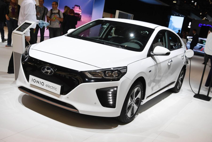 A white Hyundai IONIQ Plug-In Hybrid on the floor of Paris Motor Show, 2018.