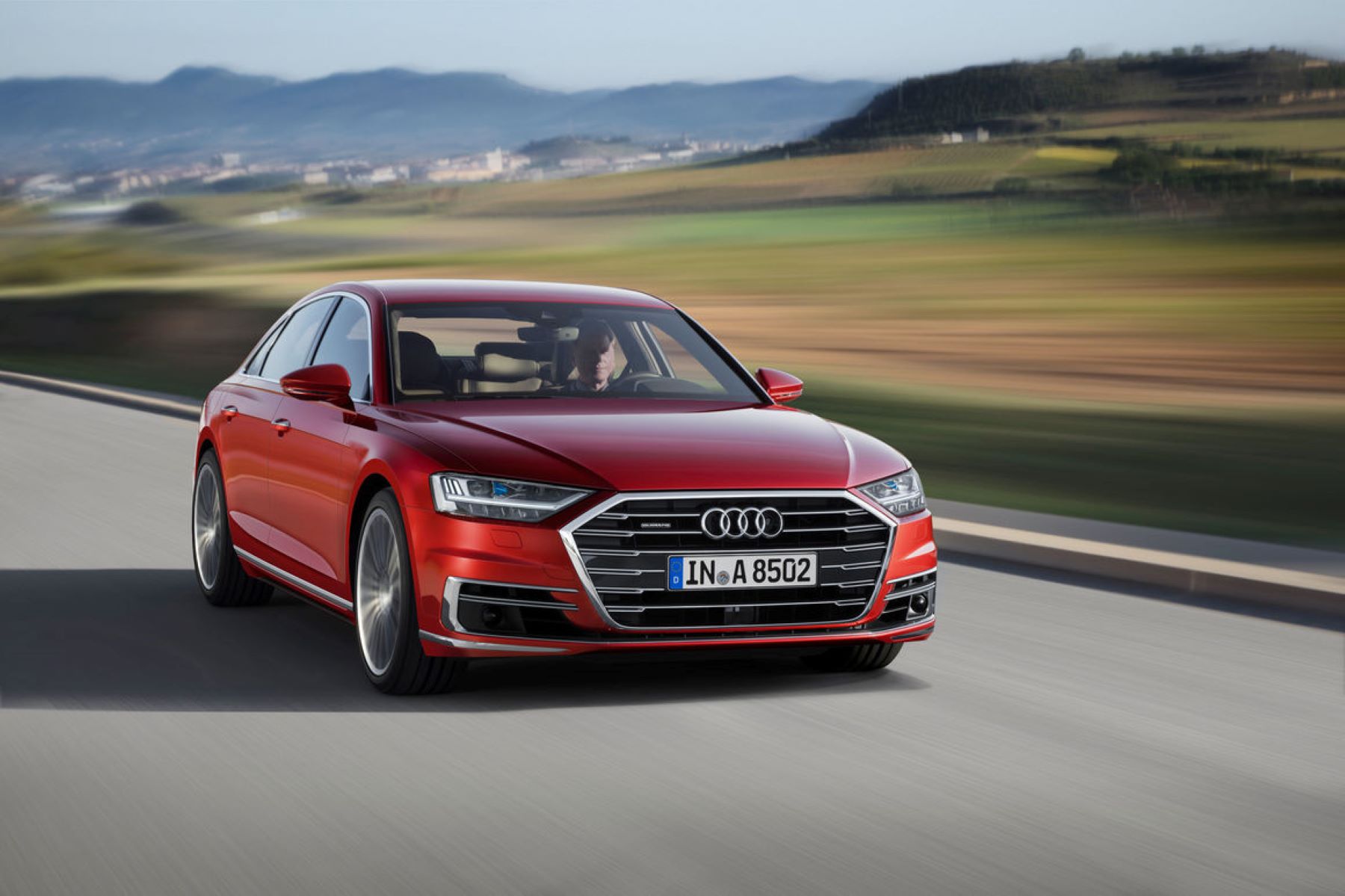 The 2021 Audi A8 sedan model in red