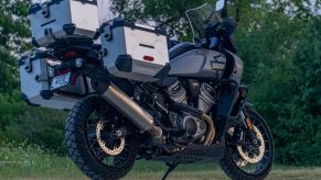 A low-angle rear 3/4 view of a gray-and-black 2021 Harley-Davidson Pan America 1250 Special with accessories