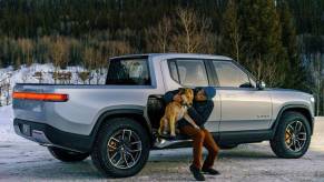 This is a silver Rivian R1T electric truck. Rivian's R1T is the first electric pickup to market.