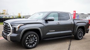 A gray 2022 Toyota Tundra pickup truck, the first Toyota truck to offer a hybrid powertrain, is shown at the 2021 Motor Bella auto show on September 21, 2021 in Pontiac, Michigan.