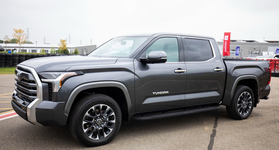 A gray 2022 Toyota Tundra pickup truck, the first Toyota truck to offer a hybrid powertrain, is shown at the 2021 Motor Bella auto show on September 21, 2021 in Pontiac, Michigan.