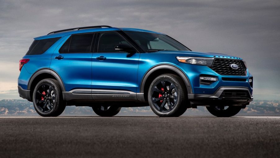 A blue 2021 Ford Explorer on display