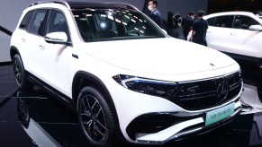 A white Mercedes-Benz EQB 350 4Maticcar is on display during the 19th Shanghai International Automobile Industry Exhibition (Auto Shanghai 2021) at National Exhibition and Convention Center (Shanghai) on April 20, 2021 in Shanghai, China.