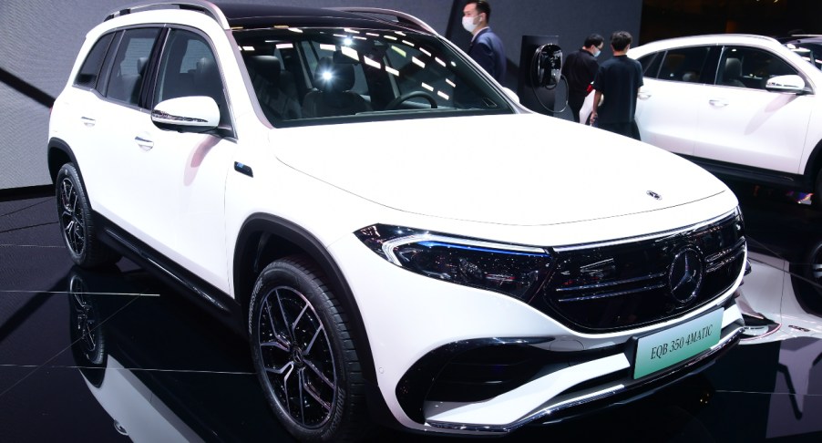 A white Mercedes-Benz EQB 350 4Maticcar is on display during the 19th Shanghai International Automobile Industry Exhibition (Auto Shanghai 2021) at National Exhibition and Convention Center (Shanghai) on April 20, 2021 in Shanghai, China.