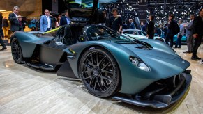 A blue Aston Martin Valkyrie hypercar on display at the 2019 Geneva International Motor Show