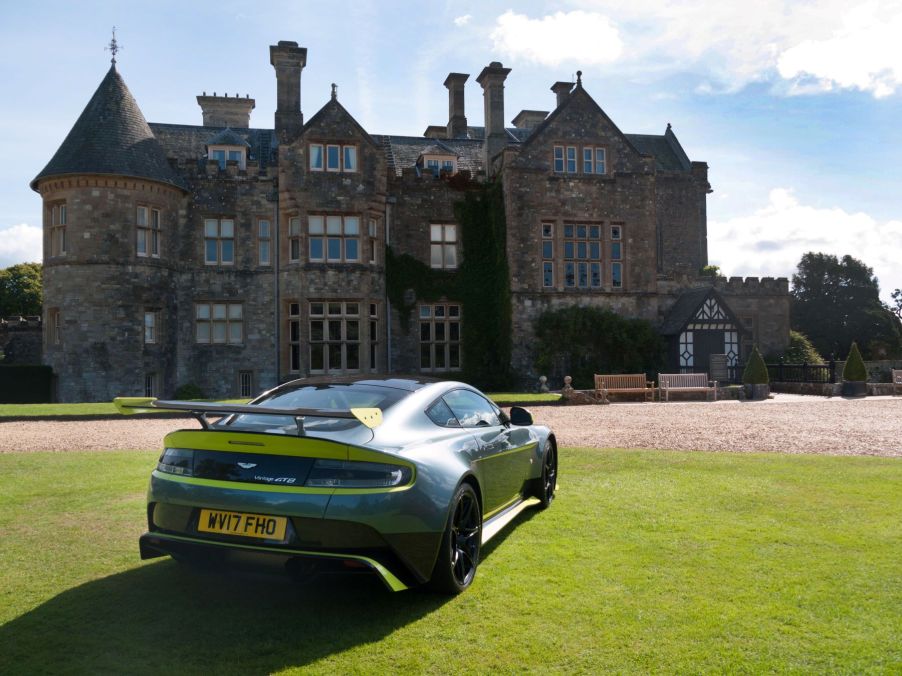 The 2017 Aston Martin Vantage GT8 parked in front of a mansion