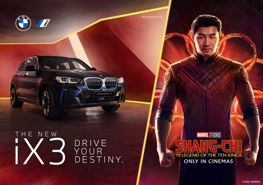 A promotional image featuring the BMW iX3 and the movie poster for Shang-Chi and The Legend Of The Ten Rings Marvel Studios film.