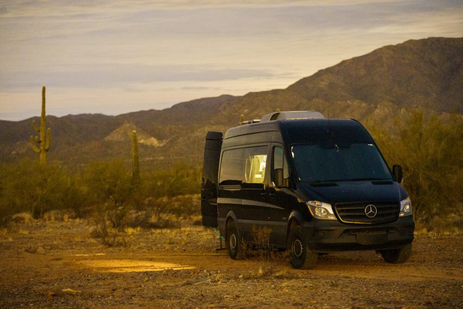 Class B Camper Van Parked in Desert, living that van life