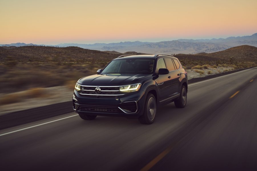 Dark blue 2022 Volkswagen Atlas with the sunset in the background