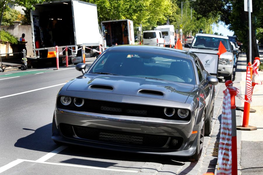 A Dodge Challenger Hellcat model used as a prop during filming for a Liam Neeson movie