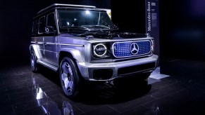 This is an electric EQG prototype at a 2021 auto show. The world will be amazed by the electric g wagon specs, from the new Mercedes-Benz EQG electric SUV