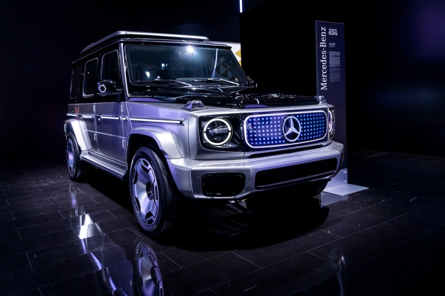 This is an electric EQG prototype at a 2021 auto show. The world will be amazed by the electric g wagon specs, from the new Mercedes-Benz EQG electric SUV