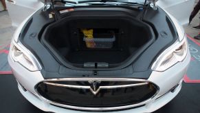 The cargo space of an Tesla EV.