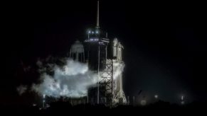 SpaceX Falcon 9 Rocket stands on the launch pad at Launch Complex 39A at the Kennedy Space Center