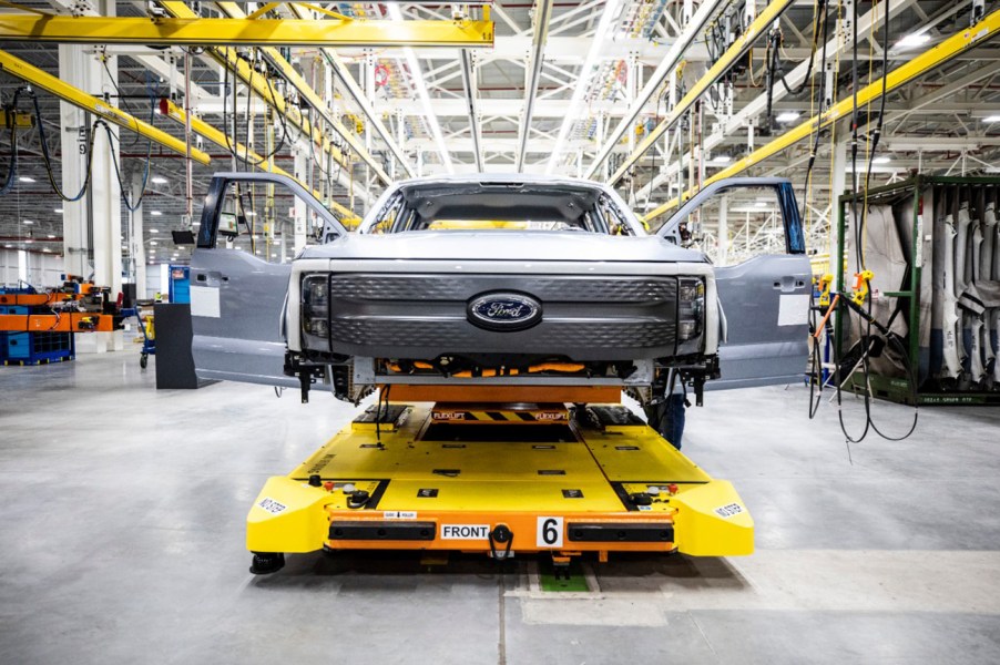 Ford F-150 Lightning chassis in a factory